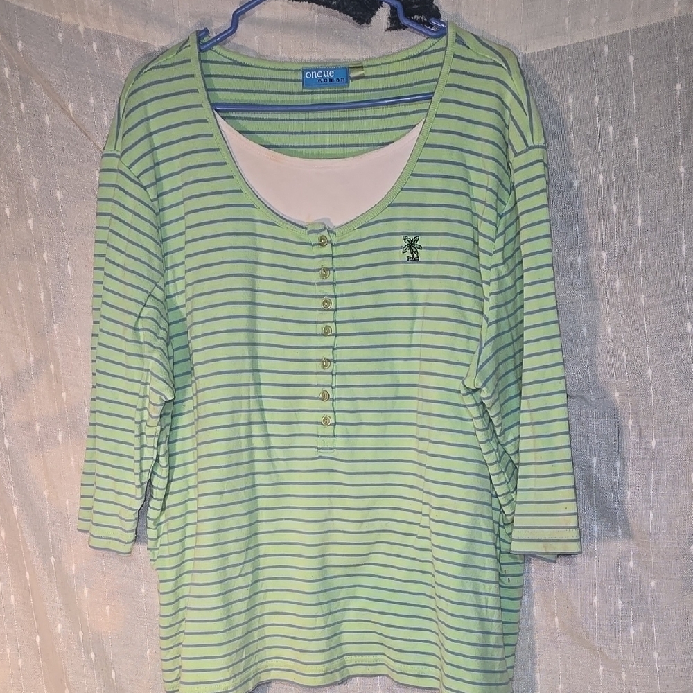 Onque Woman Green Striped Top with Button Detail Blouse 1X.